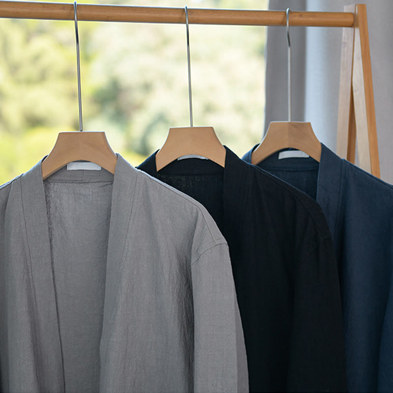 Buddha Stones Simple Long Sleeve Open Front Ramie Cotton Men's Shirts With Pockets
