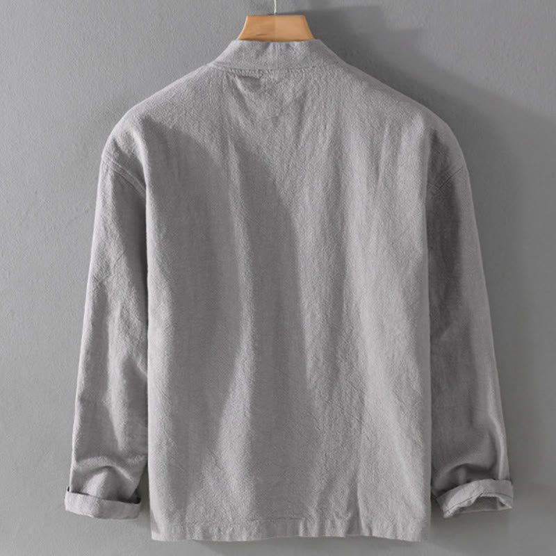 Buddha Stones Simple Long Sleeve Open Front Ramie Cotton Men's Shirts With Pockets