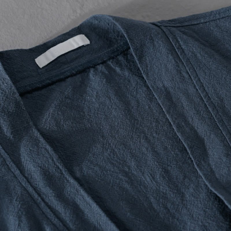 Buddha Stones Simple Long Sleeve Open Front Ramie Cotton Men's Shirts With Pockets