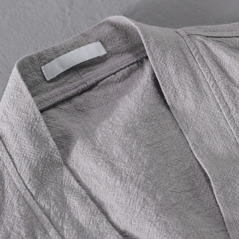 Buddha Stones Simple Long Sleeve Open Front Ramie Cotton Men's Shirts With Pockets