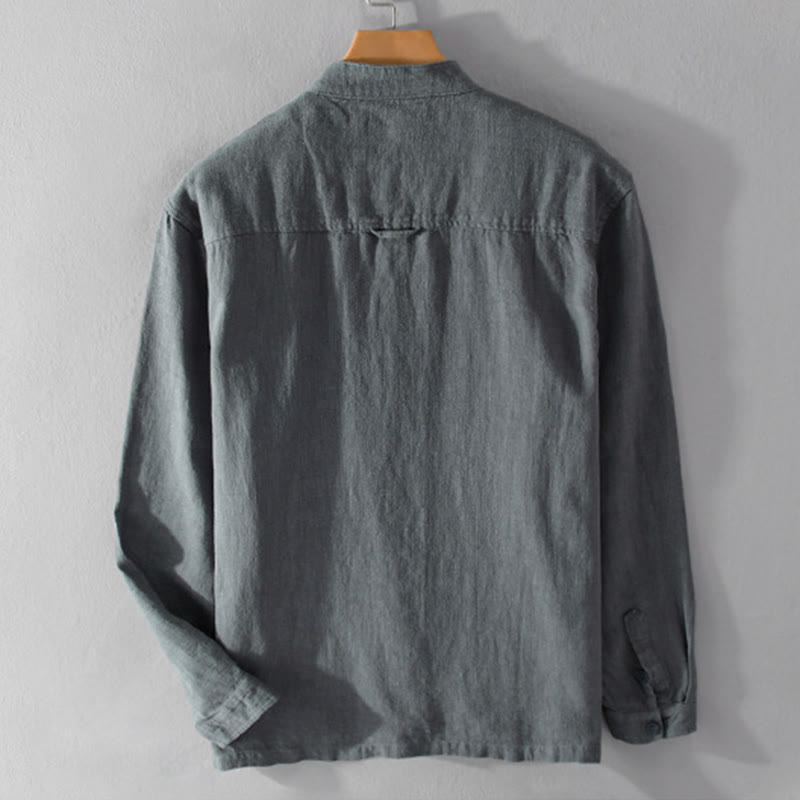 Buddha Stones Solid Long Sleeve Button Down Ramie Cotton Men's Shirts With Pockets