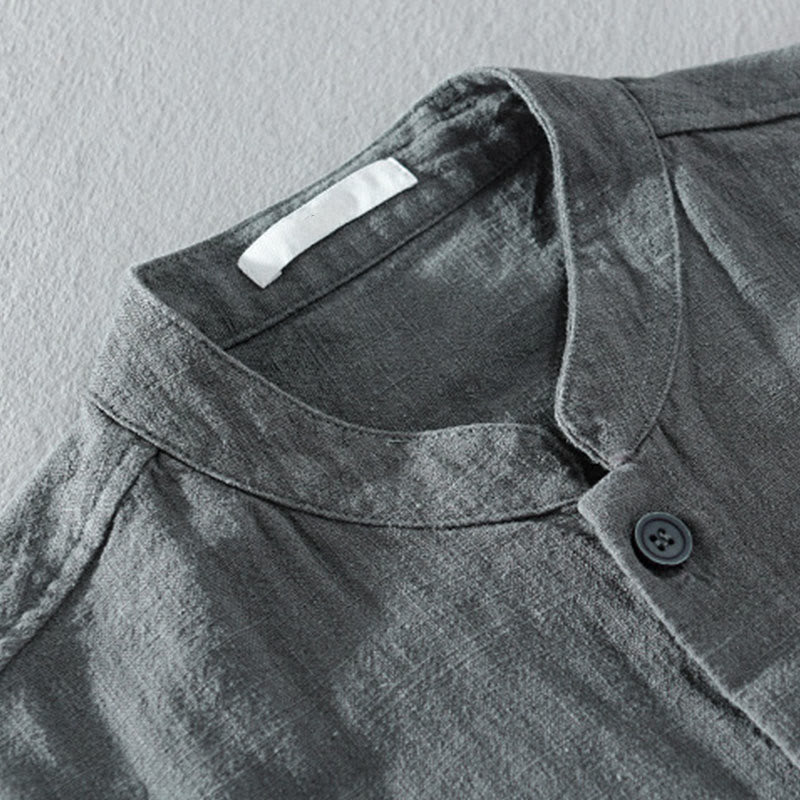Buddha Stones Solid Long Sleeve Button Down Ramie Cotton Men's Shirts With Pockets