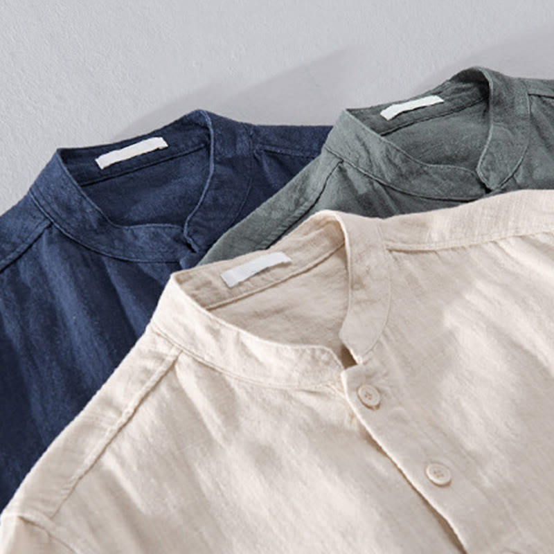 Buddha Stones Solid Long Sleeve Button Down Ramie Cotton Men's Shirts With Pockets