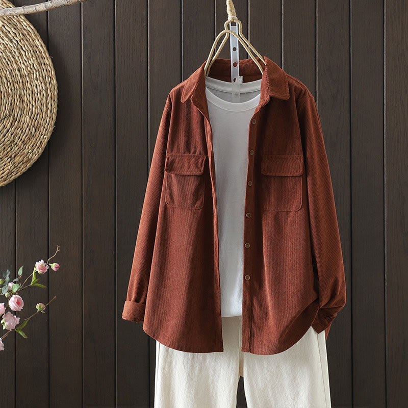 Buddha Stones Corduroy Women's Cotton Long Sleeve Jacket With Pockets