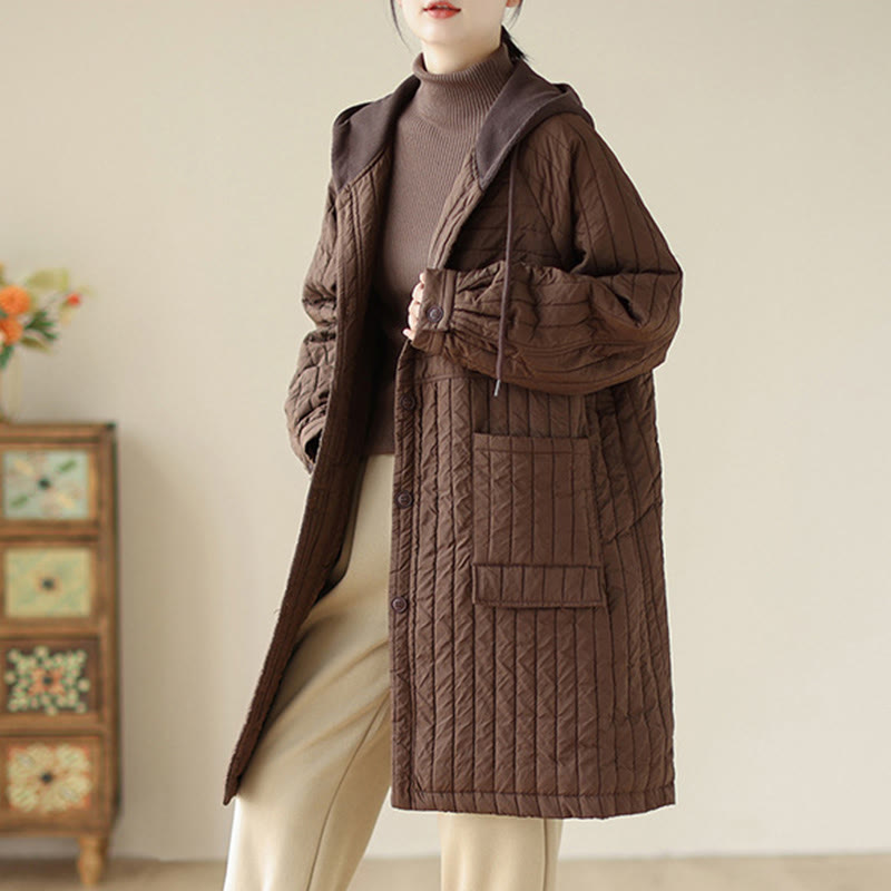 Buddha Stones Plain Notched Women's Cotton Padded Coat With Pockets