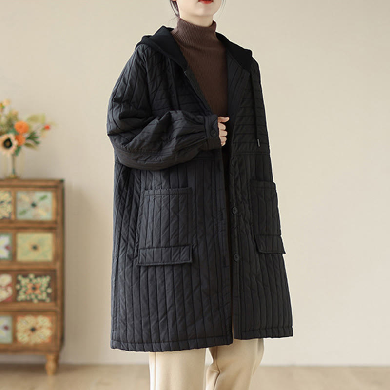 Buddha Stones Plain Notched Women's Cotton Padded Coat With Pockets