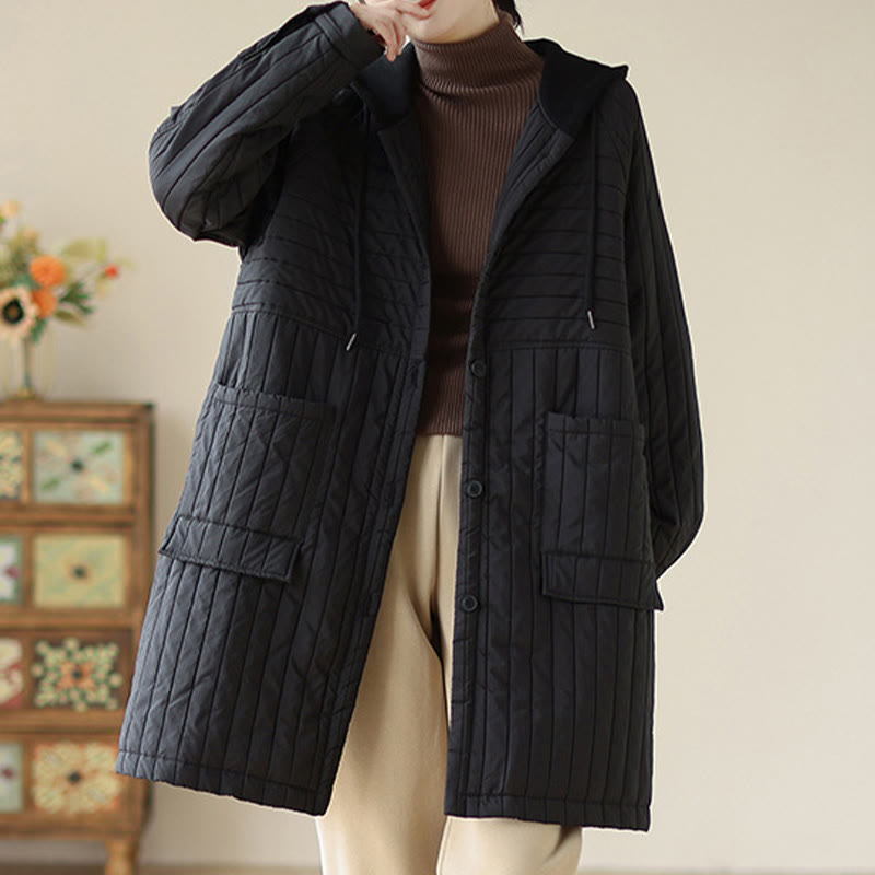 Buddha Stones Plain Notched Women's Cotton Padded Coat With Pockets