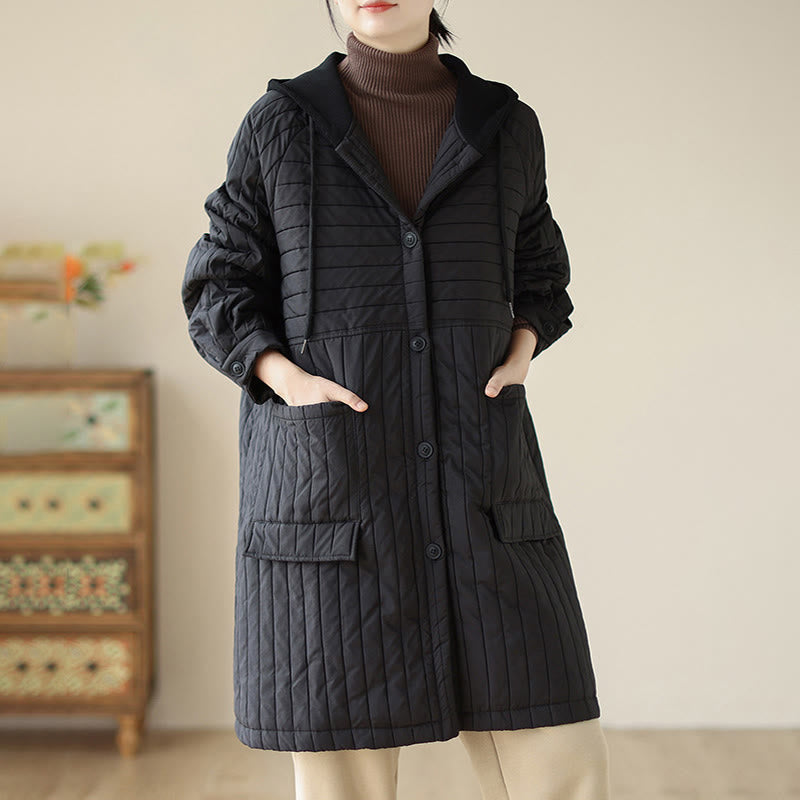 Buddha Stones Plain Notched Women's Cotton Padded Coat With Pockets