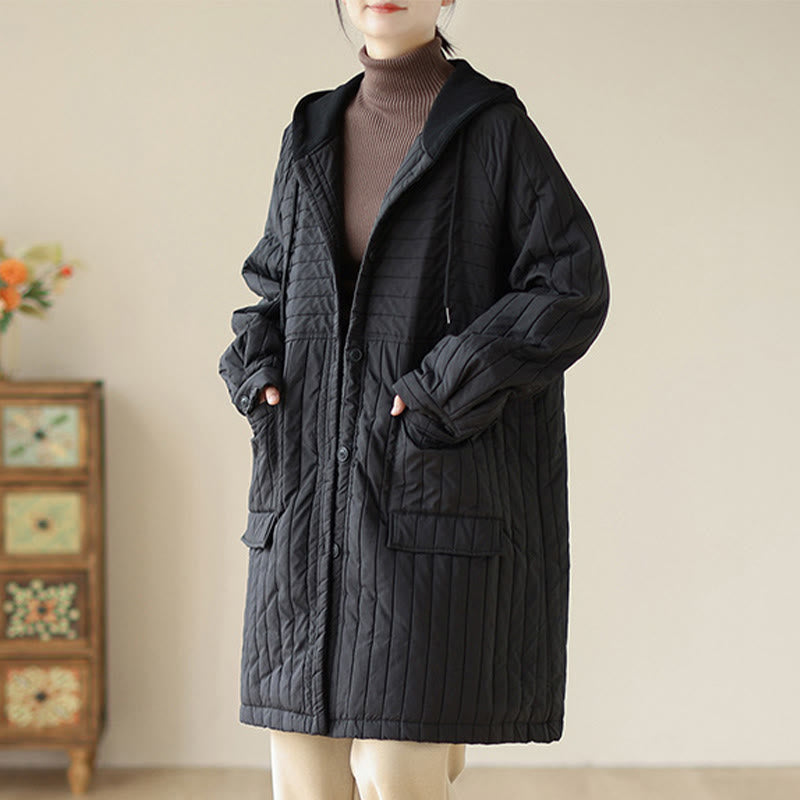 Buddha Stones Plain Notched Women's Cotton Padded Coat With Pockets