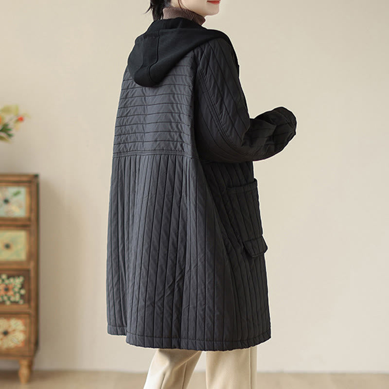 Buddha Stones Plain Notched Women's Cotton Padded Coat With Pockets