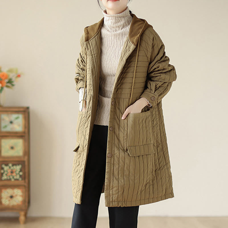 Buddha Stones Plain Notched Women's Cotton Padded Coat With Pockets
