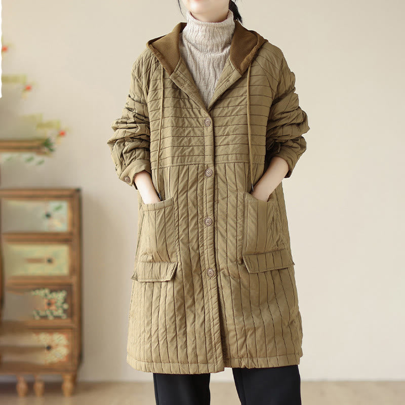Buddha Stones Plain Notched Women's Cotton Padded Coat With Pockets
