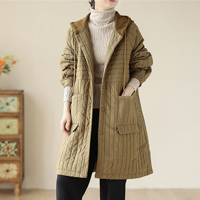 Buddha Stones Plain Notched Women's Cotton Padded Coat With Pockets
