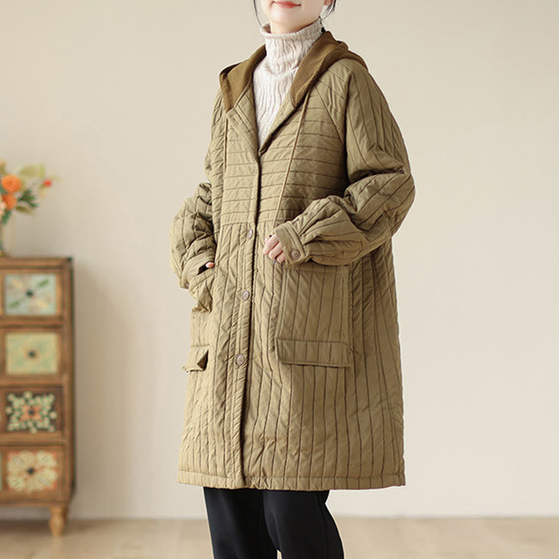 Buddha Stones Plain Notched Women's Cotton Padded Coat With Pockets