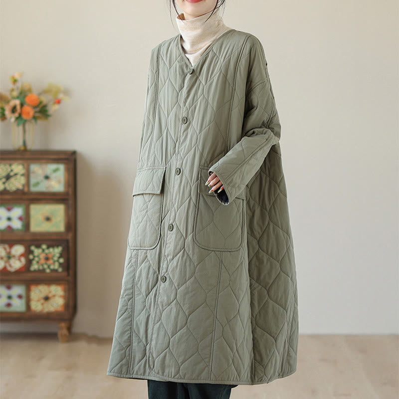 Buddha Stones Plain Buttons Women's Cotton Padded Coat With Pockets