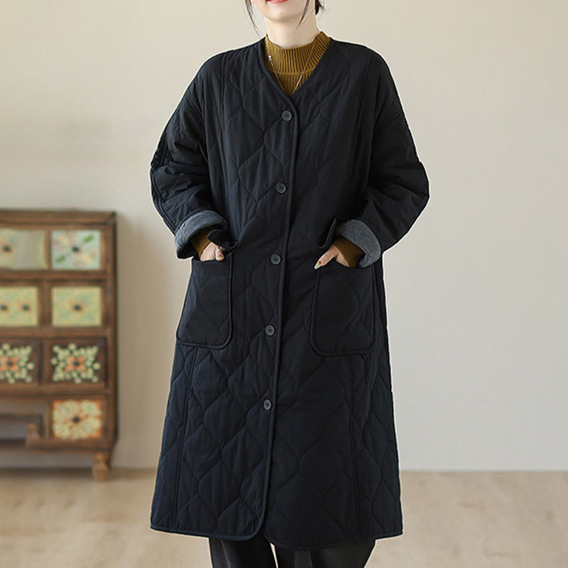 Buddha Stones Plain Buttons Women's Cotton Padded Coat With Pockets