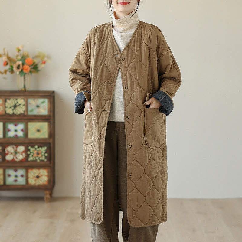 Buddha Stones Plain Buttons Women's Cotton Padded Coat With Pockets