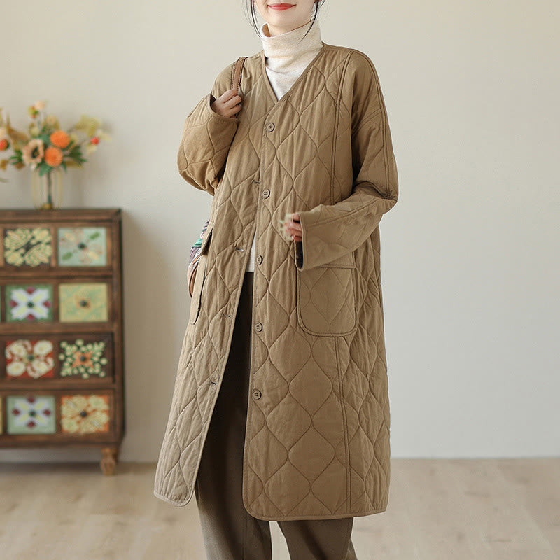 Buddha Stones Plain Buttons Women's Cotton Padded Coat With Pockets