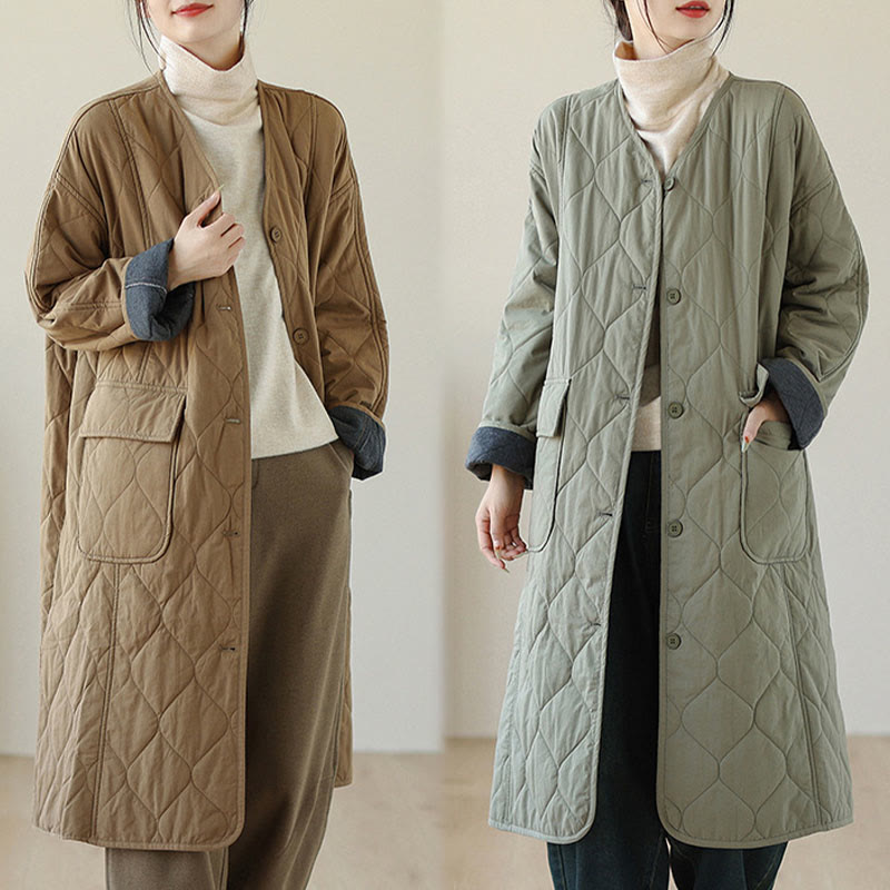 Buddha Stones Plain Buttons Women's Cotton Padded Coat With Pockets