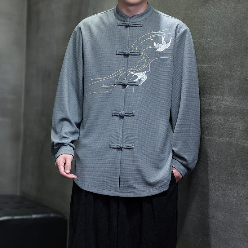Buddha Stones Frog-Button Swallow Embroidery Stand Collar Long Sleeve Tang Suit Men's Shirt