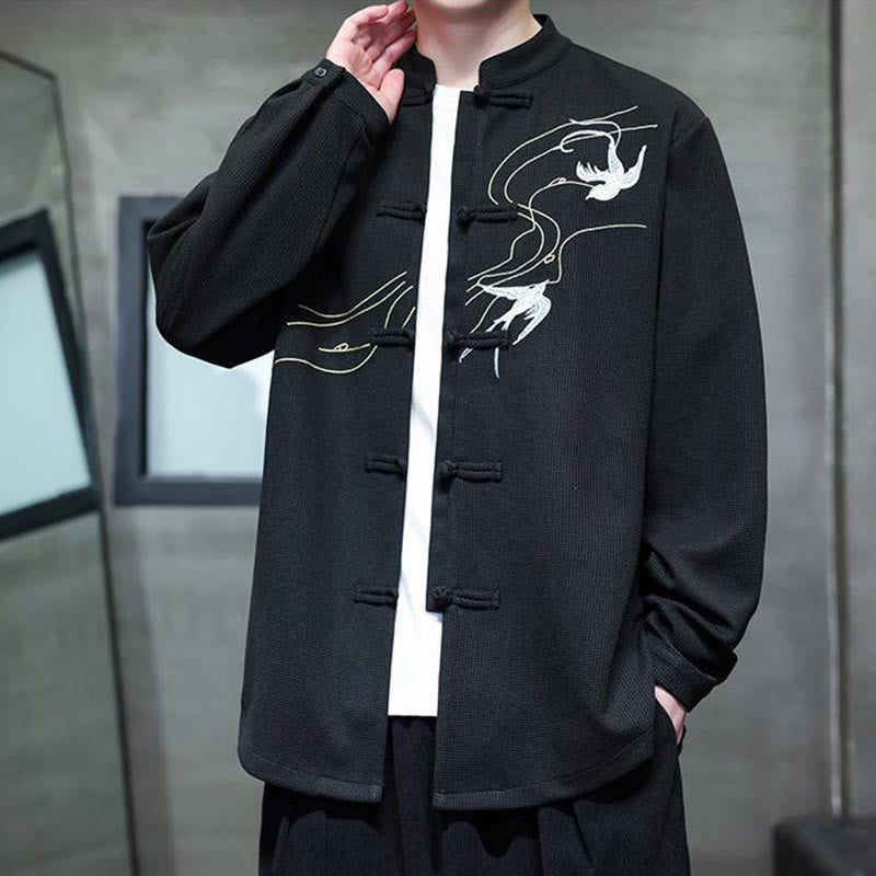 Buddha Stones Frog-Button Swallow Embroidery Stand Collar Long Sleeve Tang Suit Men's Shirt