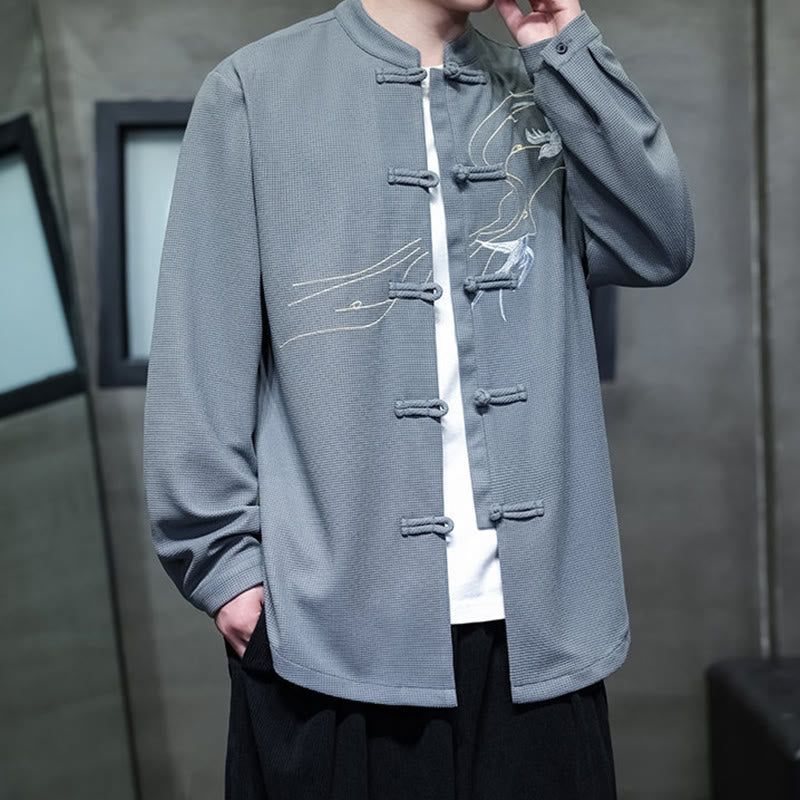 Buddha Stones Frog-Button Swallow Embroidery Stand Collar Long Sleeve Tang Suit Men's Shirt