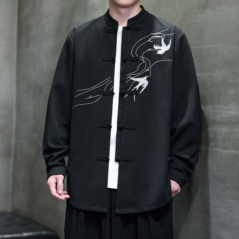 Buddha Stones Frog-Button Swallow Embroidery Stand Collar Long Sleeve Tang Suit Men's Shirt