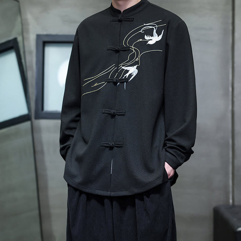 Buddha Stones Frog-Button Swallow Embroidery Stand Collar Long Sleeve Tang Suit Men's Shirt