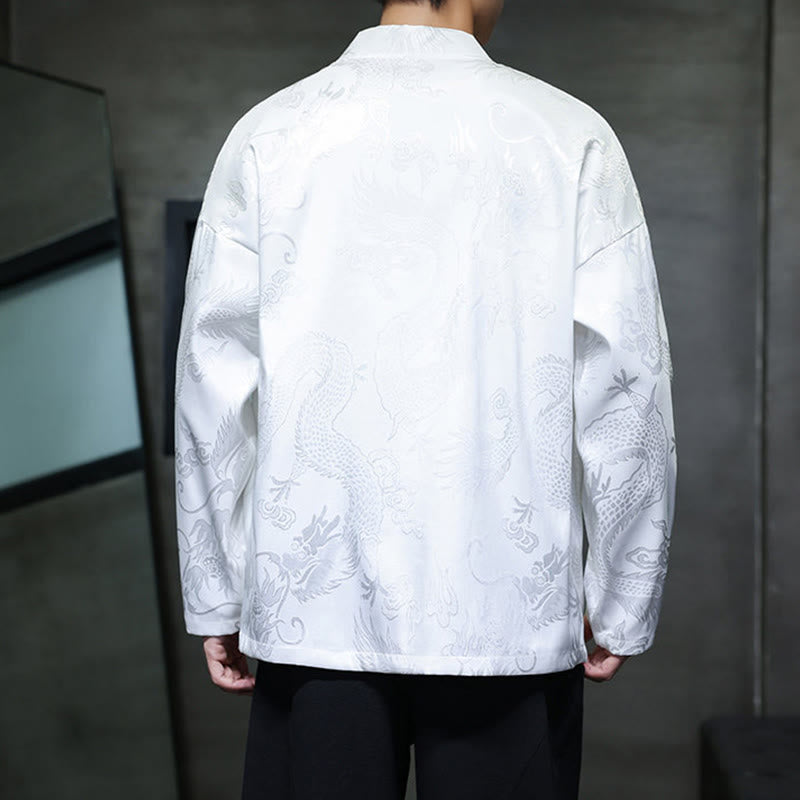 Buddha Stones Frog-Button Dragon Jacquard Stand Collar Long Sleeve Tang Suit Men's Shirt