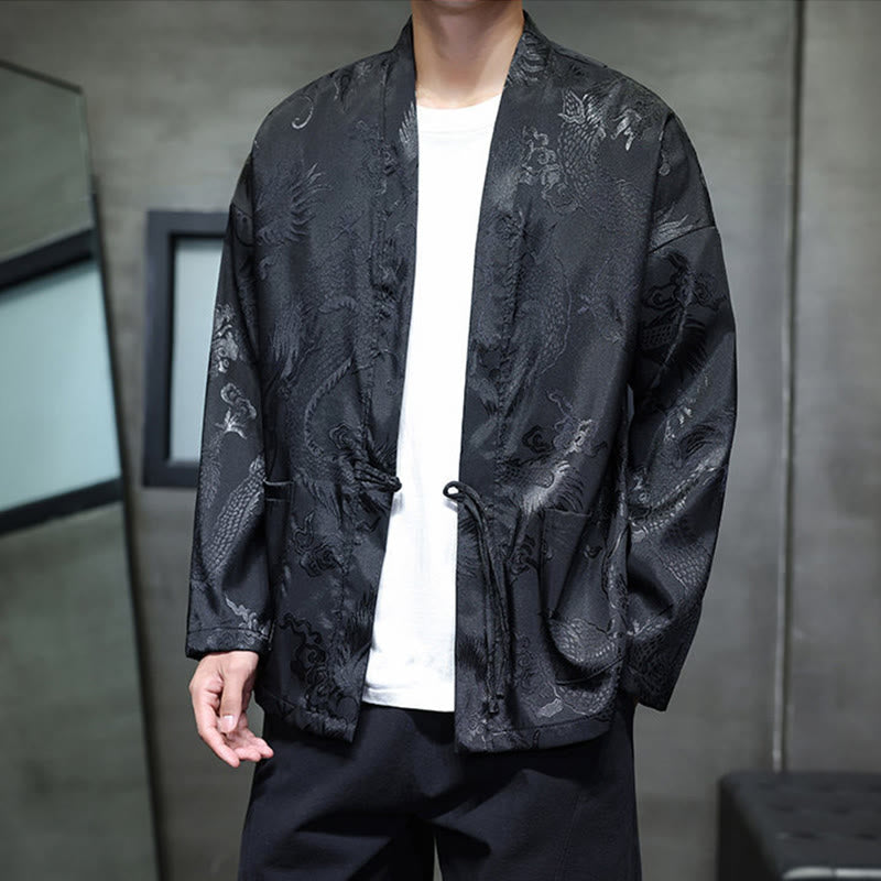 Buddha Stones Frog-Button Dragon Jacquard Stand Collar Long Sleeve Tang Suit Men's Shirt