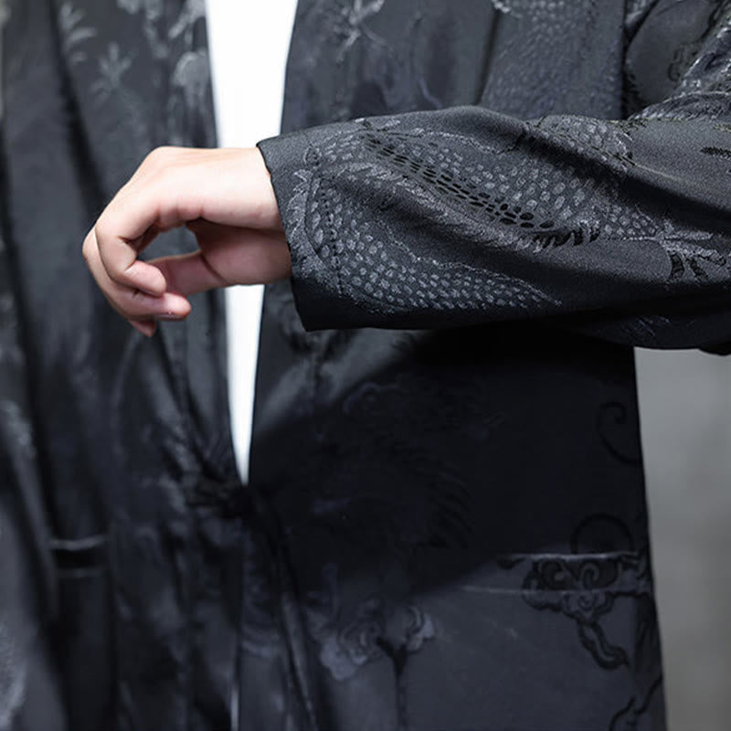 Buddha Stones Frog-Button Dragon Jacquard Stand Collar Long Sleeve Tang Suit Men's Shirt