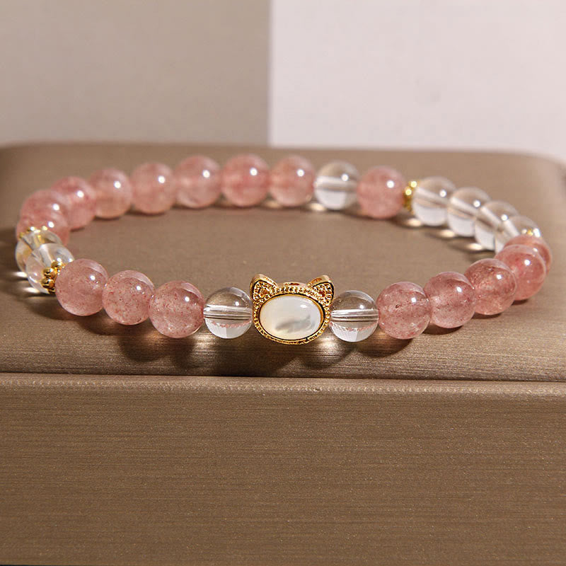Buddha Stones Cat Natural Strawberry Quartz White Crystal Bead Healing Bracelet