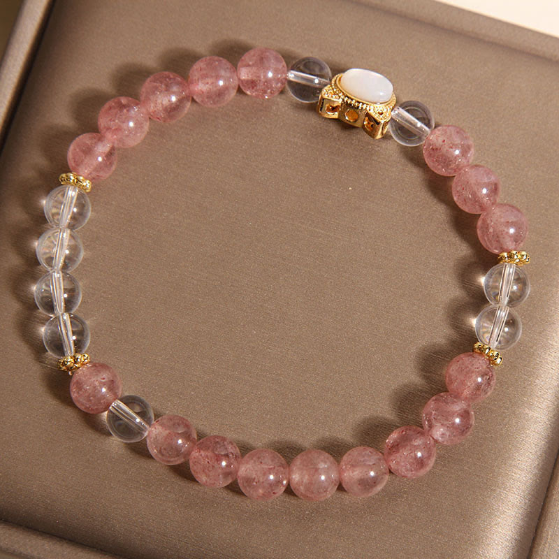 Buddha Stones Cat Natural Strawberry Quartz White Crystal Bead Healing Bracelet