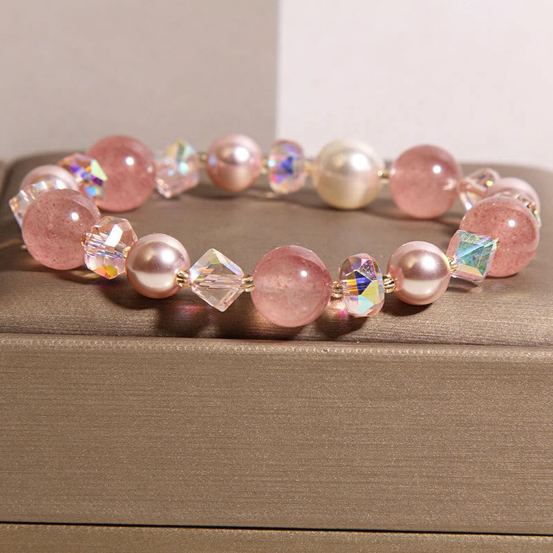 Buddha Stones Natural Strawberry Quartz White Crystal Pearl Positive Bracelet