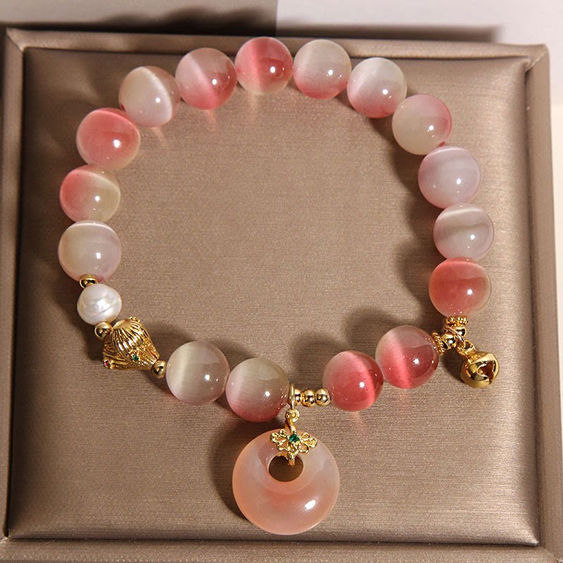Buddha Stones Natural Peace Buckle Gradient Pink Cat's Eye Yanyuan Agate Peace Bracelet