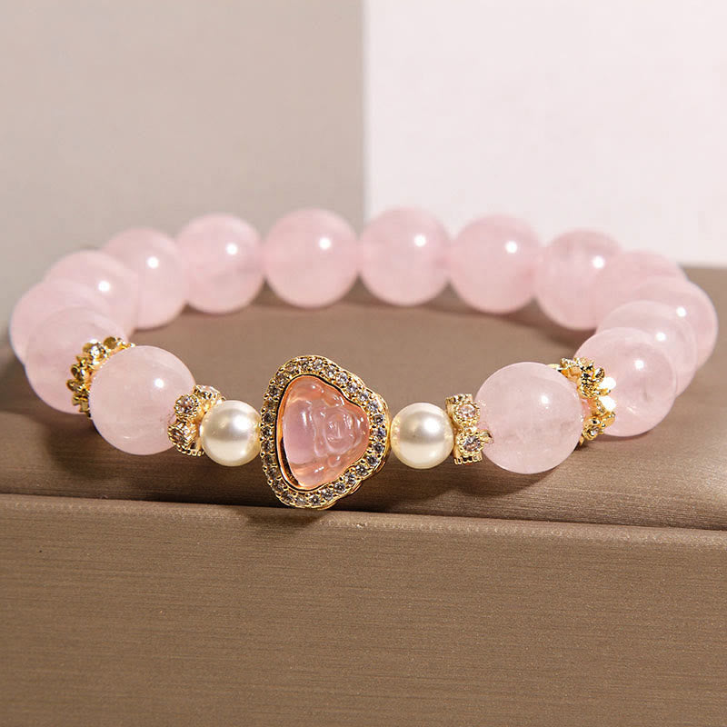 Buddha Stones Natural Buddha Symbol Pink Crystal Pearl Warmth Bracelet