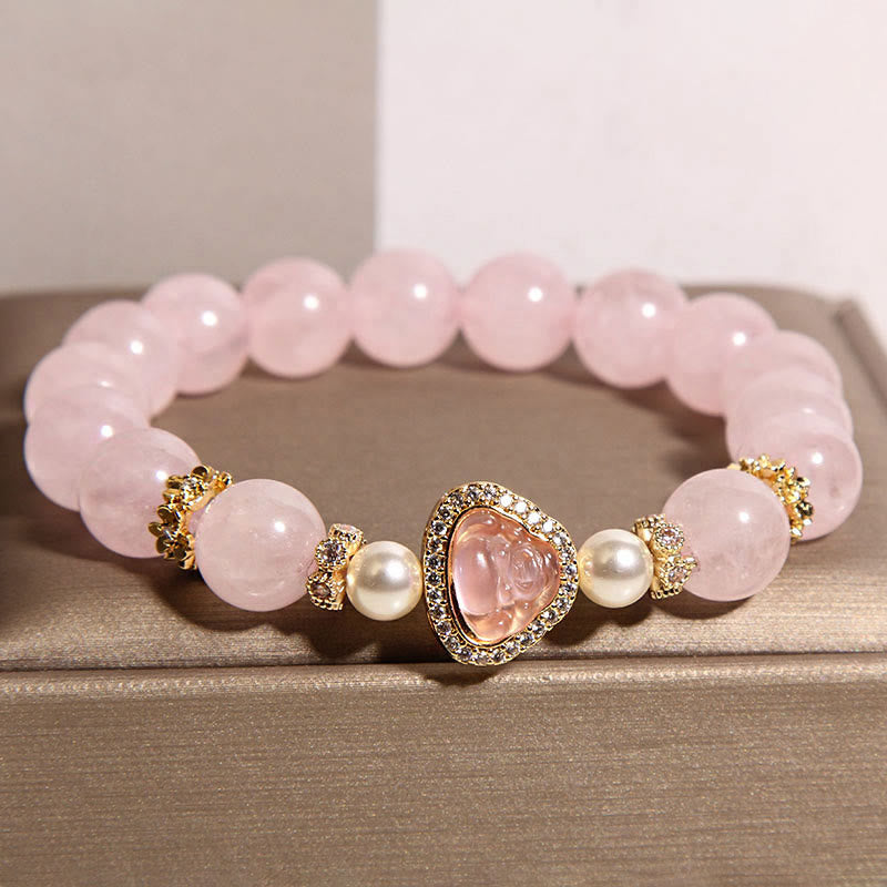 Buddha Stones Natural Buddha Symbol Pink Crystal Pearl Warmth Bracelet