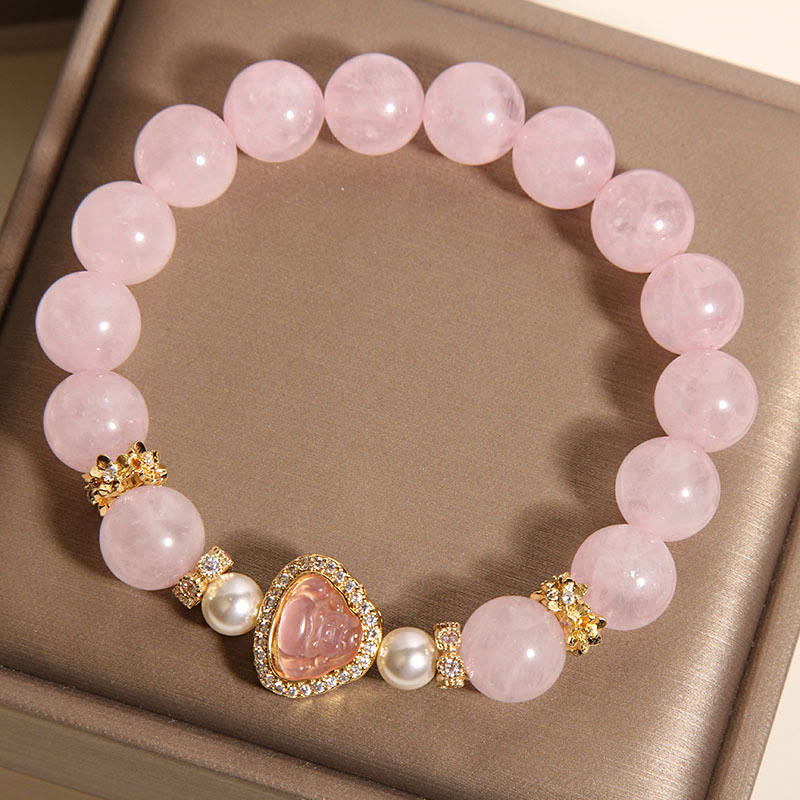 Buddha Stones Natural Buddha Symbol Pink Crystal Pearl Warmth Bracelet