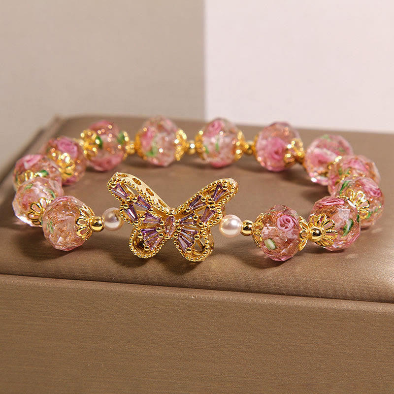 Buddha Stones Natural Butterfly Rose Design Pink Crystal Warmth Bracelet