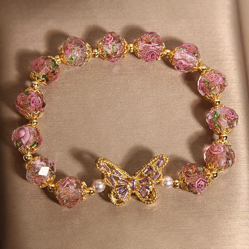 Buddha Stones Natural Butterfly Rose Design Pink Crystal Warmth Bracelet