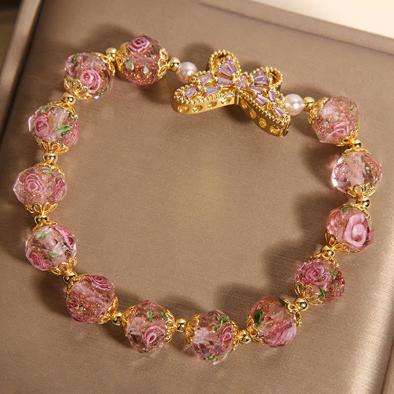 Buddha Stones Natural Butterfly Rose Design Pink Crystal Warmth Bracelet