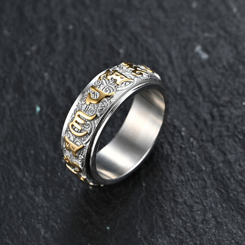 Buddha Stones Six True Words Balance Calm Titanium Steel Ring (Extra 30% Off | USE CODE: FS30)