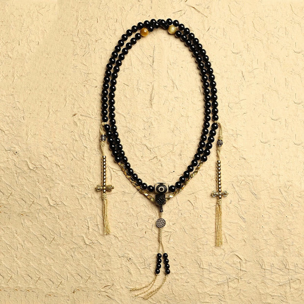 Buddhazens Tibetan 108 Mala Beads Black Onyx Three-eyed Dzi Beads Protection Bracelet Mala Bracelet BS 2
