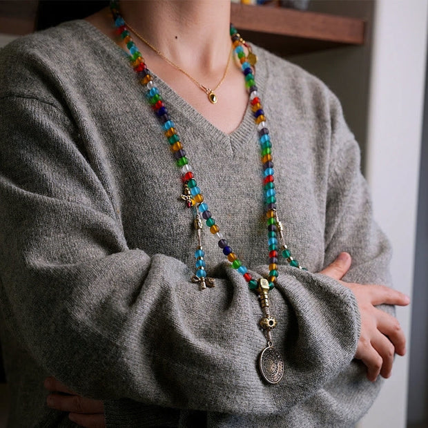 Buddhazens Tibetan 108 Mala Beads Multicolored Liuli Glass Bead Chinese Zodiac Nine Palaces Eight Diagrams Charm Bracelet Mala Bracelet BS 14