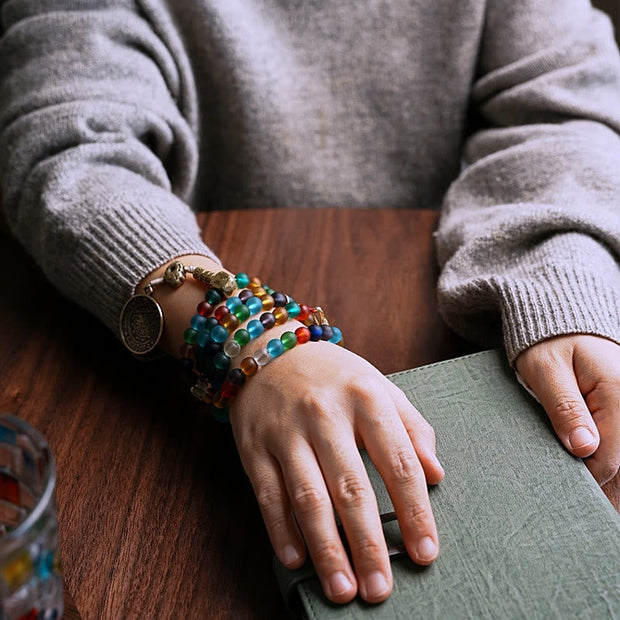 Buddhazens Tibetan 108 Mala Beads Multicolored Liuli Glass Bead Chinese Zodiac Nine Palaces Eight Diagrams Charm Bracelet Mala Bracelet BS 16