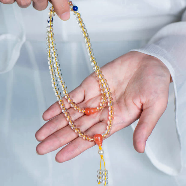 Buddhazens 108 Mala Beads 925 Sterling Silver Natural Citrine Red Agate White Jade Prosperity Charm Bracelet Mala Bracelet BS 15