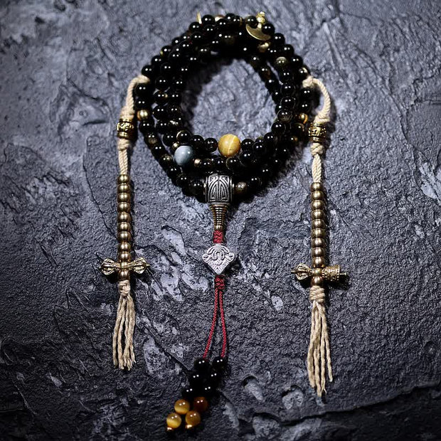 Buddhazens 108 Mala Beads Gold Sheen Obsidian Tiger Eye Eagle's Eye Stone Wealth Bracelet Mala Bracelet BS 6mm Copper Counter