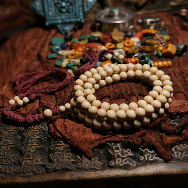 Buddha Stones 108 Mala Beads Abelia Biflora Wood Warding Off Evil Spirits Wrist Mala Mala Bracelet BS 9.5mm*108