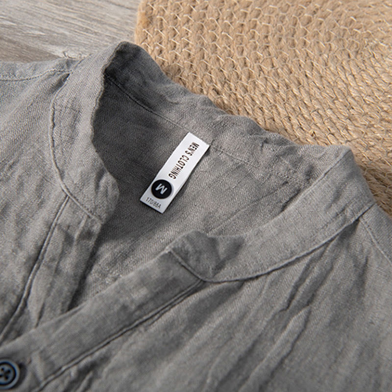 Buddha Stones Solid Color Long Sleeve Half Button Shirt Cotton Linen Men Clothing