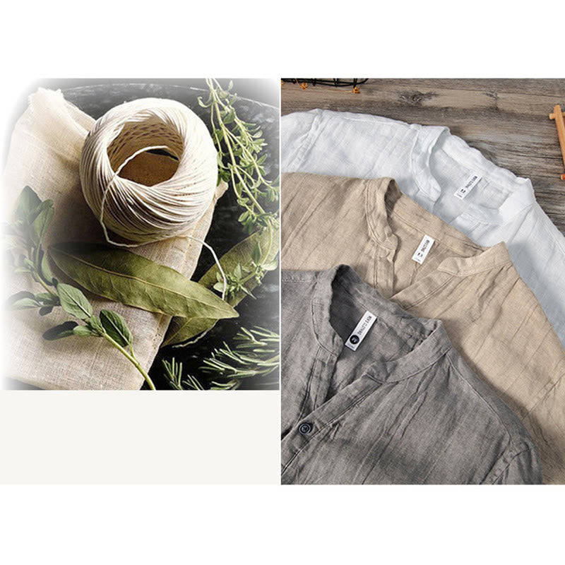 Buddha Stones Solid Color Long Sleeve Half Button Shirt Cotton Linen Men Clothing